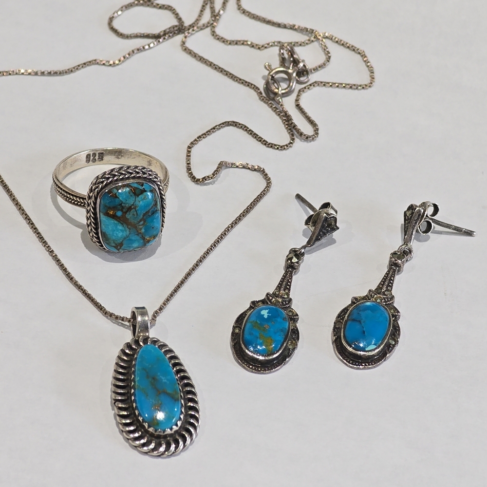 Native Work 925 Sterling Silver turquoise set of Necklace, Earrings & Ring